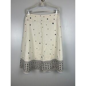 Willi Smith Linen Blend Geometric A-Line Midi Skirt Sz 6 Black White Embroidered